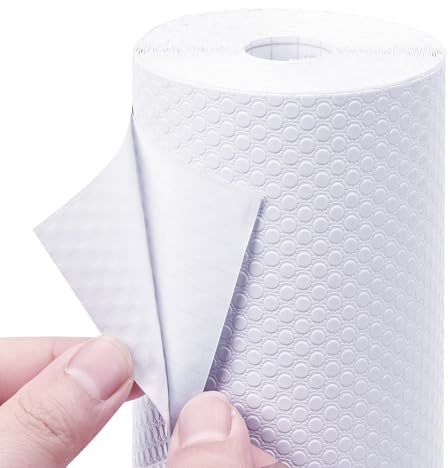 Cabinet Shelf Liner Peel and Stick: Self Adhesive Cabinets Paper - 15.7 in x 12 FT Non-Slip White Drawers Liners - Easy to Cut, Removable, PABUSIOR Cupboard Liner for Pantry Shelves, Countertops
