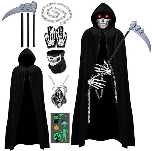 YADODO Déguisement Faucheuse Halloween Enfant Costume Faucheuse Enfant avec Faucille Halloween Masque Cape Noire Faucheuse Grim Reaper Costume pour Halloween Carnaval Robe Faucheuse