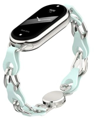 XIHAMA Compatible avec Xiaomi Mi Band 8/9 Bracelet de montre de rechange Design ajouré Anneau en acier inoxydable Chaîne en cuir Ceinture Mi Band 9 Bracelet élégant pour femme (Blue)