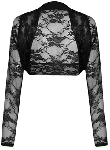 Prime fashions Women’s Long Sleeve Cropped Bolero Shrug – Plain Open Front Cardigan for Party & Casual Wear (XL, Black Lace)