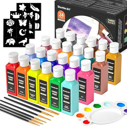 Shuttle Art Tygfärg permanent för kläder, 24 färger tygfärger i flaskor (60 ml/2,7 oz) med borstar, palett, schabloner, giftfria textilfärger för t-shirt, skor, väska, jeans, ingen uppvärmning behövs