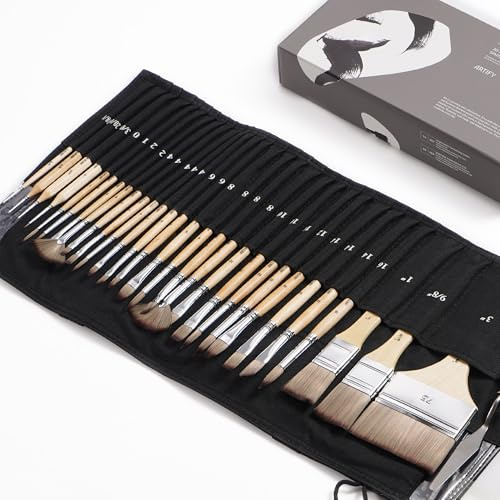 ARTIFY Expert 30-delat penselset, uppgraderad version, alla storlekar, förbättrade syntetiska penslar med canvasroller och palettkniv för akryl, olja, akvarell och gouache