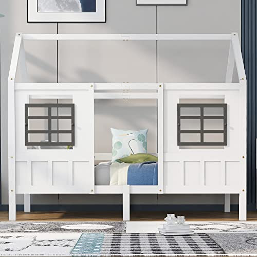 roomfitters Hausbett, Einzelbett, Tagesbett, Kinderbett mit 2 Fenstern, Rahmen aus Kiefernholz und MDF, weiß
