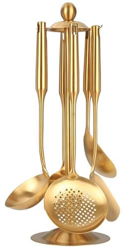Gold Cooking Utensils Set with Holder - 18/10 Stainless Steel Kitchen Utensils - 15’’ All Metal Brass Kitchen Tools with Countertop Rotating Stand, Spatula, Ladle, Skimmer, Turner, Pasta, Large Spoon