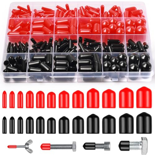 VEPEPE 300 Pcs Red Black Rubber End Caps, Silicone End Caps Bolt Covers 12mm 10mm 9mm 8mm 7mm 6mm 5mm 4mm 3.5mm 3mm 2.5mm 2mm, PVC Screw Plastic End Caps, Screw Rubber Caps for Metal Tube Rod Bolt