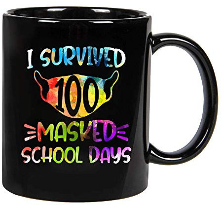 Stoneware Coffee Mug I Survived 100Th Masked School Day Funny Quarantine Tea Mug Modern Jumbo Mug Durable White Mug with Handle for Kitchen Beer 330Ml