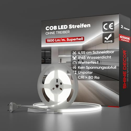Shine Decor Bande lumineuse LED COB 230V, Ruban LED étanche IP65, 286 leds/m Ultra Haute Luminosité Bande LED Certifié CE pour Décoration Maison Cuisine Jardin Eclairage LED (Blanc Froid,2m)