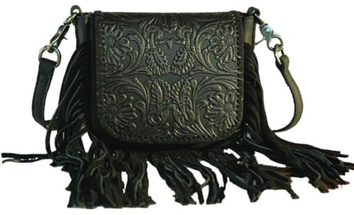 Carmelita Handtasche Schultertasche Westerntasche Fransen Leder Prägung (Schwarz)