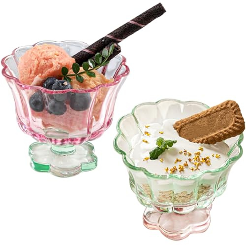 MLKLDOU Dessertschalen aus Glas, Eisschalen mit Fuß, 237 ml, Mini-Trinkgläser, 2 Stück, Blütenblatt-Stil, geeignet für Eis, Cocktails, Dessert, Saft (Rosa und Grün)