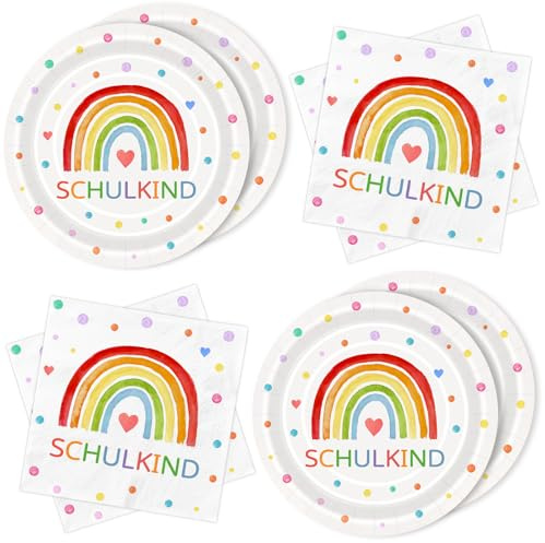 40 Servietten Pappteller Set Einschulung Deko Schulkind 2026 Mädchen | Deko Schulanfang Junge Mädchen Schulkind, Tischdeko Einschulung für 20 Gäste Schuleinführung Regenbogen Party Deko