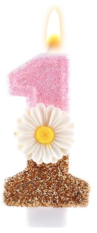 Rosa Geburtstagskerze Zahl 1, 7,3cm Süßes Gänseblümchen Goldglänzend Geburtstagskerze zum 1. Geburtstag mit Stab, Tortenaufsatz für Mädchen Deko-Geschenk für den Ersten Geburtstag Party (Weiß)