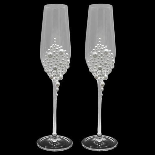 Set di 2 flute da champagne con perle, in vetro trasparente, per sposi e sposi, ideale come regalo di fidanzamento e inaugurazione della casa