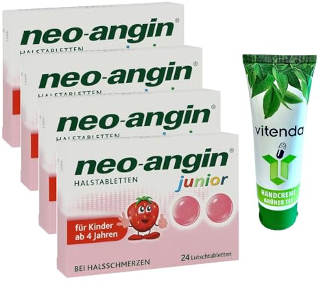 Neo-Angin Junior Halstabletten 4x24Stk inclusive einer Handcreme von vitenda - lindert Halsschmerzen und beruhigt die Schleimhaut in Mund und Rachen