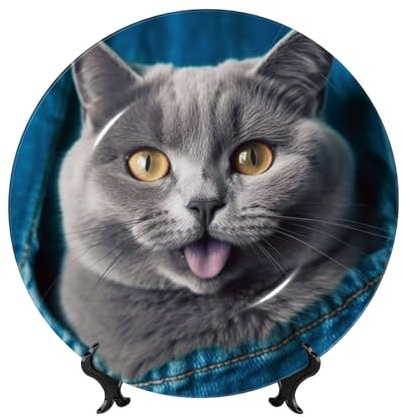 WLKSNBVD Assiette décorative en porcelaine anglaise de 17,8 cm, motif chat bleu sortant de la langue, assiettes à dîner en céramique avec support de présentation, assiettes en porcelaine pour la
