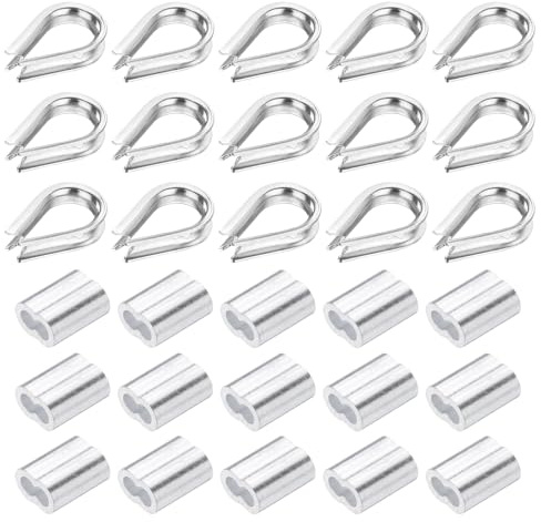 PATIKIL 40 st M2 304 rostfritt stål vajer kit, vajer kabelklämma, rör kaus och krympögla för 1/16 tum vajer kabel fingerborg, silver