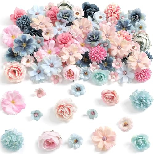 Barlone Kunstblumen zum Basteln, 40 Stück Künstliche Blumen 2,2~4,3cm, Kunstblumen Puderblau, Deko Blumen Künstlich, Seidenblumen Köpfe für DIY Basteln Scrapbooking Hochzeit Party Home Handwerk Deko