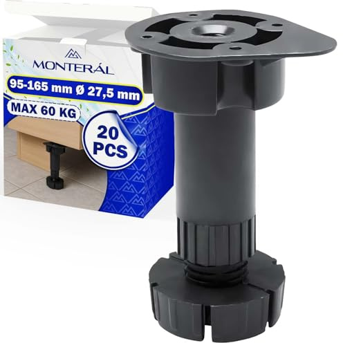 MONTERAL 20 Pezzi Piedini per Mobili Regolabili 95-165 mm Ø 27,5 mm Capacità di Carico 60 kg - Garanzia di 10 Anni