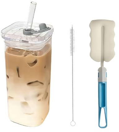louuuou Transparent Glass Cups with Lids and Straws, Glass Tumbler with Straw and Lid, Iced Coffee Cups for Water Soda Iced Coffee Smoothies Iced Latte Matcha Cold Drinks Juice Milk