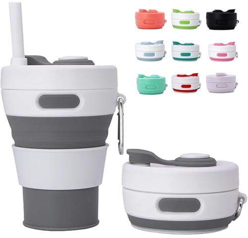MOMAHUA 450ml Taza Plegable de Silicona Gris,Taza de Café Reutilizable Plegable para Viaje,Copa Colapsable con Tapa Anti-fugas, Incluye Porta-taza y Cuerda