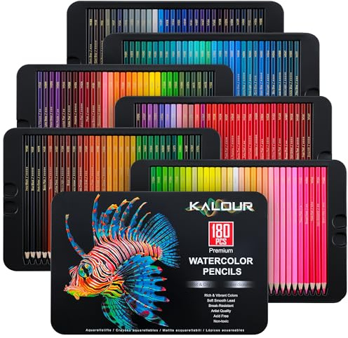 KALOUR Crayons aquarelle professionnels, 180 couleurs, solubles dans l'eau, avec 2 pinceaux