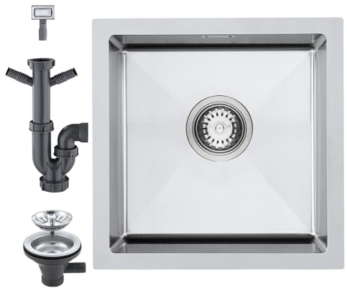 40x40cm Square Kitchen Sink, KEOKBON 304 Stainless Steel Single Bowl Undermount Sink, 14cm Deep Anti-Splash Design, Complete Drain Pipe Set with Dishwasher Connection, Brushed Non-Stick Surface