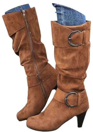 Xbemkste västerländska stövlar dam, långa stövlar med klack, mocka, slouchy stövlar, vida stövlar, vintage, höga stövlar, knähöga stövlar, varma vinterstövlar, ridstövlar, BRUN, 38.5 EU