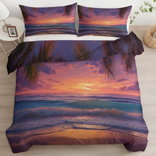 Copripiumino 240 x 220 cm Tramonto Mare Foglia Palma – Set da letto matrimoniale – Biancheria da letto morbida rosa viola con cerniera e 2 federe 65 x 65 cm, ideale come regalo