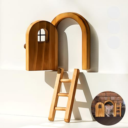 Kathfly 2 Pcs Mini Wooden Mouse Door Kit Fairy Door for Wall, Cute, Brown