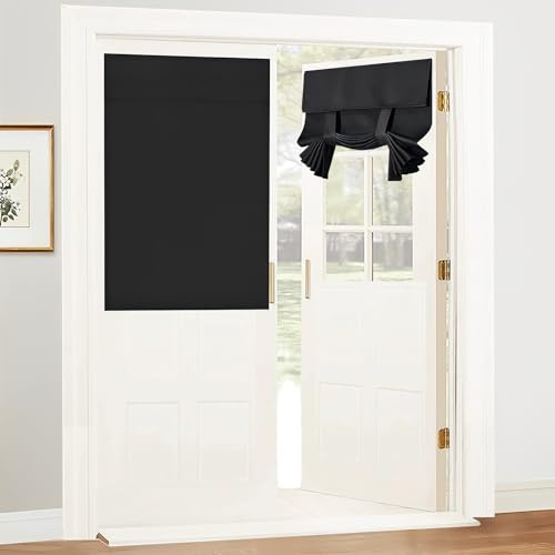 Bryzal Door Curtains, 26 x 40inch Black Heat Insulated French Door Blinds, Blackout Privacy No Drilling French Door Curtains Blackout Door Curtains for Patio Front Doors Sidelights