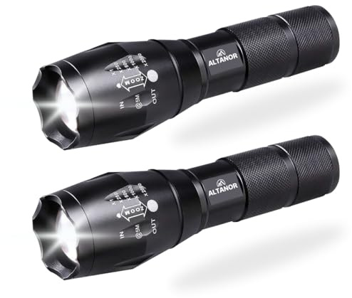 Altanor Lampes Torche LED – Lot de 2, Aluminium Résistant aux Chocs,1000 Lumens Zoomable, Étanche IPX4, 3 Modes d'Éclairage – Camping, Randonnée, Maison, Voiture
