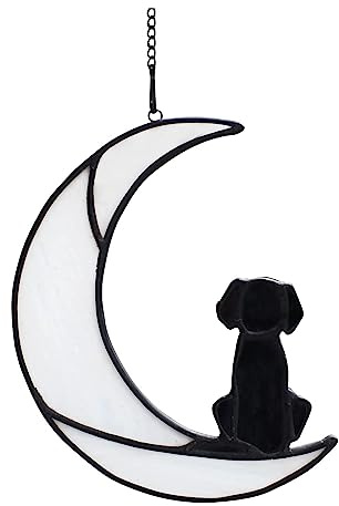 Hapivida Dog Sun Catcher for Window Panels, Stained Glass Pet Dog Memorial Gifts Dog On Moon Art Suncatcher, Dogs Ornaments (White & Black)