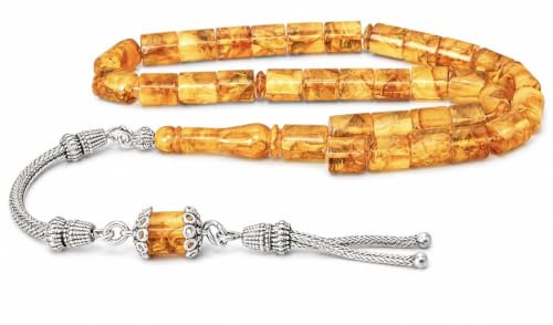 Gebetskette aus echte Bernstein gepresst & 925 Silber 100% Kehribar (pres) Tesbih Kapsül kesim 8mm 20gram Gümüş Püskül Tespih Gebetskette Misbaha OSMANLI, Misbaha, Rosary,Amber,Tasbih, Silver