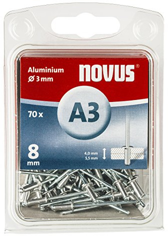 Novus Aluminium-Blindnieten 8 mm, 70 Nieten, 3 mm, 4.0-5.5 mm Klemmlänge, für Nichteisen Metall, Kunststoff und Leder 16046