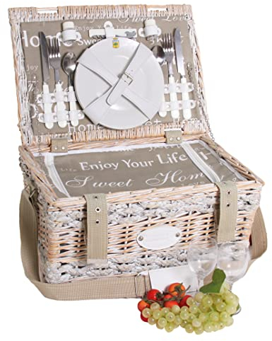 Les Jardins de la Comtesse - Picknickkorb Love aus Weide - Komplett Für 2 Personen - Kühlfach/Keramikteller und Weingläsern - Bedruckter Beige Stoff Love - 40 x 28 x 23 cm