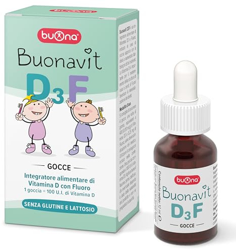 Buonavit D3F Vitamina D3 Gocce Bambini 12ml, Vitamina D Bambini 400 UI al Giorno, Vitamina D Gocce Senza Glutine e Lattosio, con Pipetta Contagocce