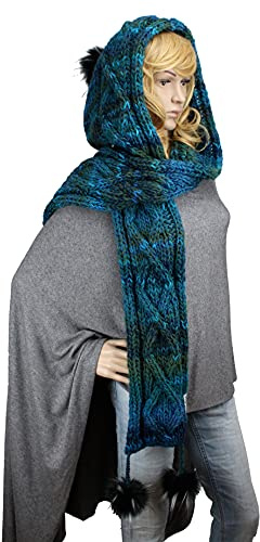 Kapuzenschal exklusiv 4 Farben mit Kunst-fell-bommel handgestrickt Farbwahl Schal XXL Mützenschal (petrol meliert)