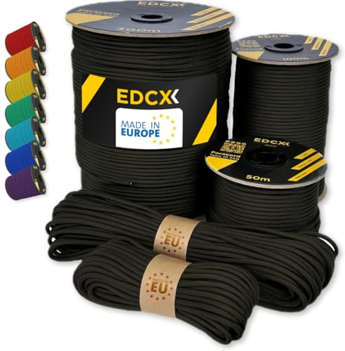 EdcX Paracord 550 Typ III 4 mm – 7 Kern-Strängen, 100% Nylon, reißfest bis 250 kg – 35+ Farben (10/15/30/50/100/300 m) – Survival-Seil, Fallschirmschnur, Zeltleine | Made in EU