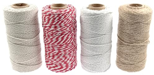 ZHIYE 400M 2mm Beige Cotton String + Butchers String + Red and White Twine + Jute Twine for Cooking, Tying Meat, DIY, Gift Decorations, Wrapping