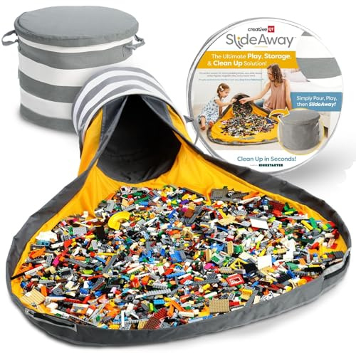 Creative Qt – Slideaway-Spielzeugaufbewahrungsorganisator und Spielmatte für Kinder – Organizer- für Spielzeug – für Jungen und Mädchen – im Spielzimmer – Spielzeughalter zimmer – Grau gestreift