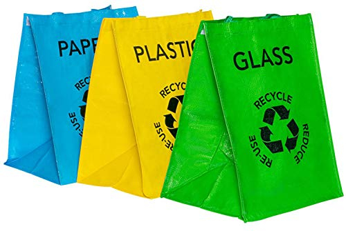 DIVCHI Set of 3 Large Multicoloured Heavy Duty Reusable Recycle Bags 53L with Handles and Secure Attachments - Separate Your Household Waste and Recycling Bags for Glass Paper and Plastic