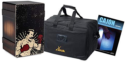 XDrum Design Series Cajon Boxer Set inkl. Tasche + Schule, 5 cm | Designer-Cajon mit Comic-Aufdruck, Integrierter Bass Port, Korpus: HPL (High Pressure Laminate), Schlagfläche: Boxer, 5 cm