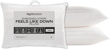 Night Comfort Satin Stripe White Pillow - Hypoallergenic Firm Support, Microfibre Pillows for Side Sleepers, Filled with Bouncy Hollowfibre, Big Pillows for Bed (Pack of 2)