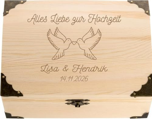 4youDesign Schatztruhe zur Hochzeit mit Gravur Namen und Datum, Motiv Tauben, Geldgeschenk für Brautpaar, Schöne Verpackung, Geschenkidee für Hochzeitspaare