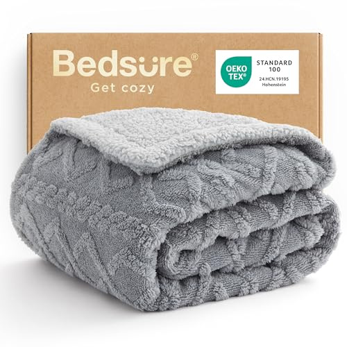 Bedsure Gentlesoft Sherpa Fleece Throw Blanket for Couch - Fluffy & Cozy Cable Jacquard Tufted Women Throw Gifts for Mom Mothers Day and Decor, Thick and Warm Blankets for Winter, Grey, 50x60 Inches