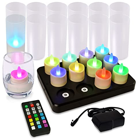 HL Led Teelichter mit Fernbedienung, 60 Stunden Wiederaufladbare Teelichter Wasserdichte RGB Kerze mit Ladestation und Timer für Party SPA-Badezimmer Halloween Weihnachten Deko, 12 Stück,RGB