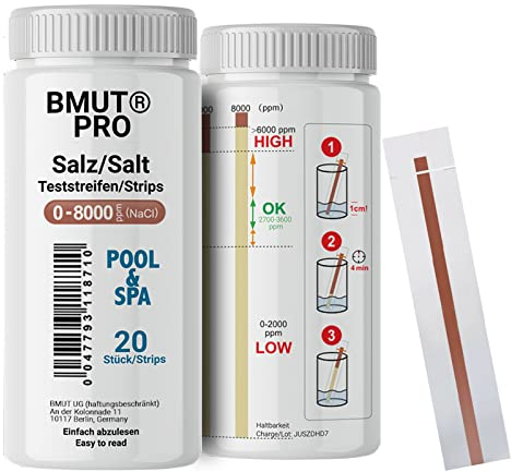 20 pruebas de agua salada para piscina y spa, 0-8000 ppm, concentración de cloruro de sodio