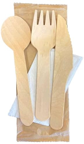 Virsus Set Posate in Legno di Betulla biodegradabili e compostabili TRIS forchetta Coltello Cucchiaio tovagliolo 3 veli, imbustate in carta Avana, stoviglie bio Eco Friendly Varie Quantità (500) - C