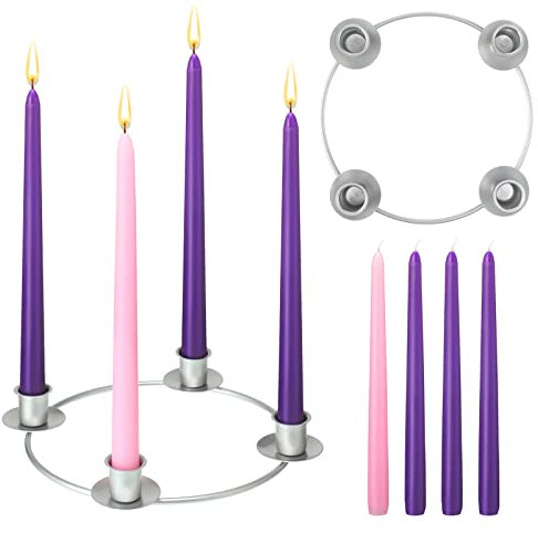 EBOOT 5 Packs Christmas Advent Wreath Ring Set Silver Christmas Advent Candles Holder with 3 Purple and 1 Pink Taper Candles Ring Set for Church Home