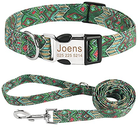 Personalisiert Hundehalsband und Leine Set, Frei graviertes Name und Telefonnummer Hunde Halsbänder, Verstellbares Retro Nylon Hunde Halsband für kleine mittlere große Hund(L,Grün-Set)