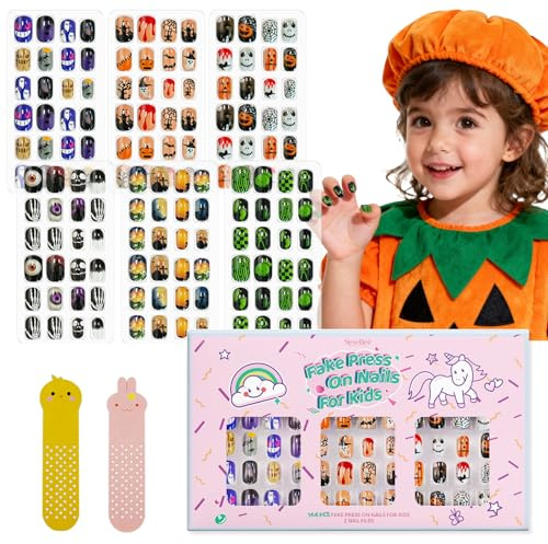 144 Stück Halloween gefälschte Nägel für Kinder,volle Abdeckung Acryl Nagelspitze Set für Kinder,lustige Geist Designs auf Nägel drücken,Urlaub,Kunst Dekoration,hübsche Geschenke